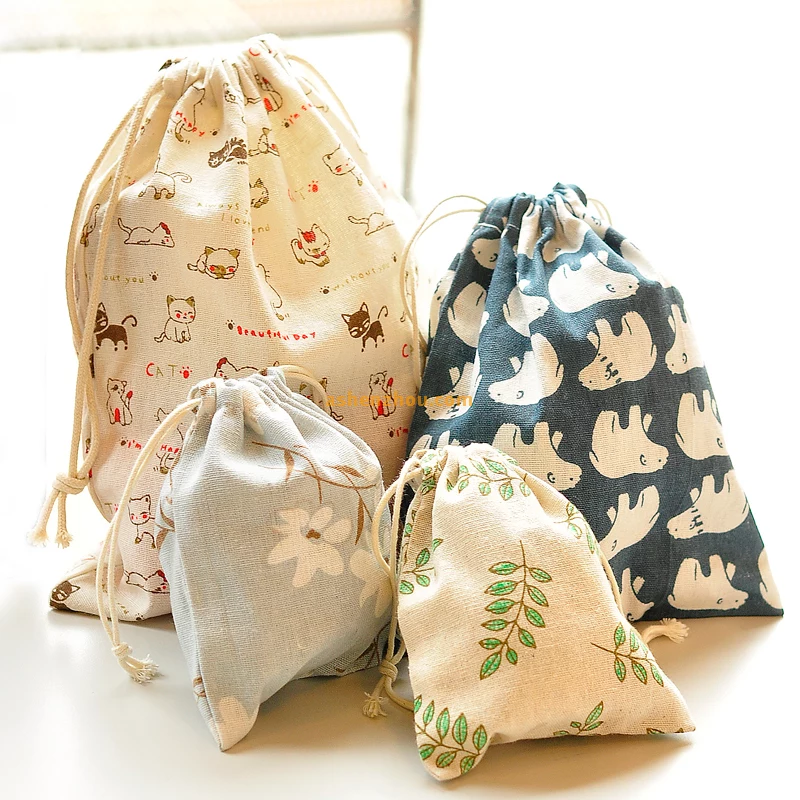 Fancy printed custom logo printing promotional colorful calico personalised small cotton muslin drawstring bags bulk