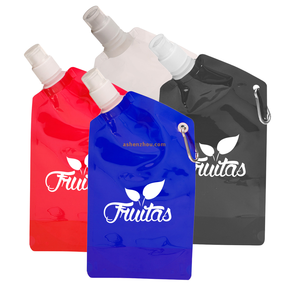 Foldable drink pouch with nozzle, stand up customized drink pouch with hook, drink bottles disposable, foldable water bag