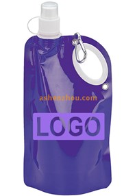 Plastic flat foldable water bottle, sport drinking bottle, folding water bottle with carabiner