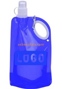 Plastic flat foldable water bottle, sport drinking bottle, folding water bottle with carabiner